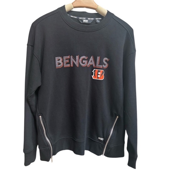 Women’s DKNY SPORT Black CINCINNATI BENGALS Crewneck Rhinestone Sweatshirt Sz M - Picture 1 of 8